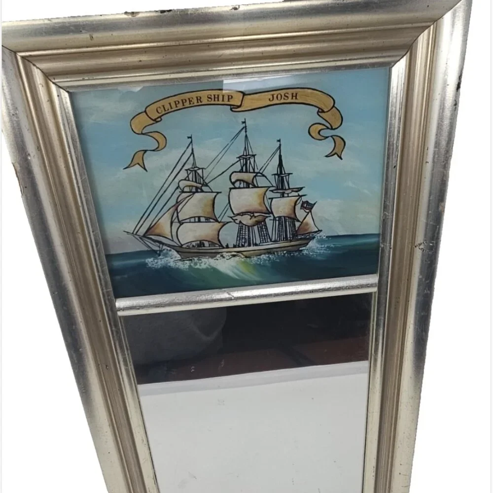 Vintage Trumeau Mirror Reverse Painted Glass Clipper Ship Eglomise Design Boston